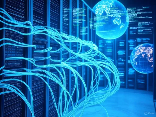 Futuristic data center with glowing blue cables, servers, and holographic Earth projections.