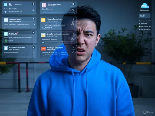 A man in a blue hoodie reacts with confusion or annoyance while looking at holographic digital notifications.