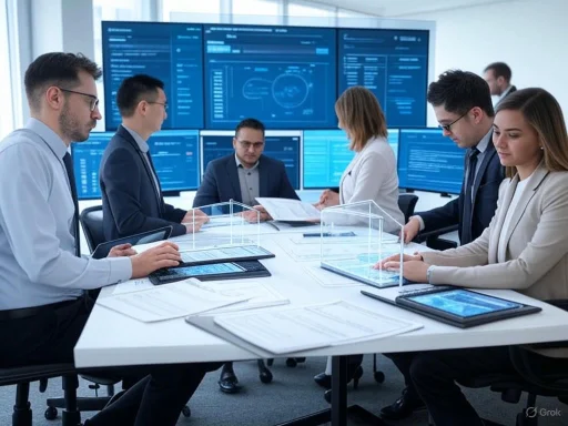 Business meeting with professionals analyzing data in a high-tech conference room with multiple screens.
