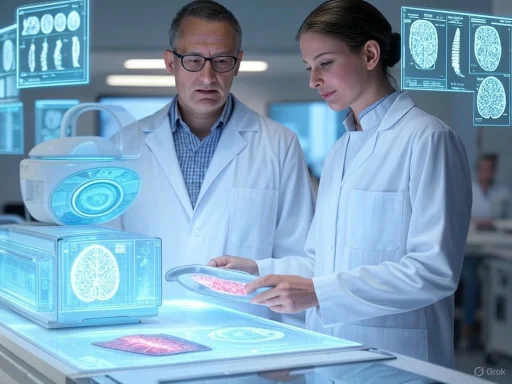 Scientists analyze digital brain scan images in a high-tech laboratory.