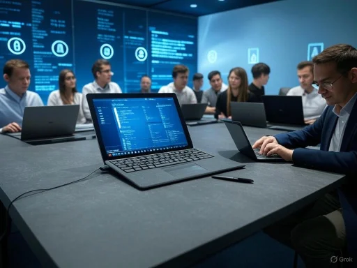 A business meeting or training session with multiple people working on laptops in a high-tech conference room.