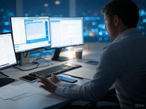 A man working at a desk with multiple monitors, using a smartphone and papers in a dimly lit office at night.