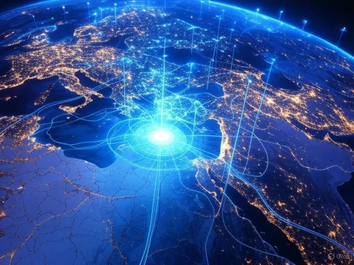 A digital map of Europe showing interconnected data points and signals radiating from a central hub.