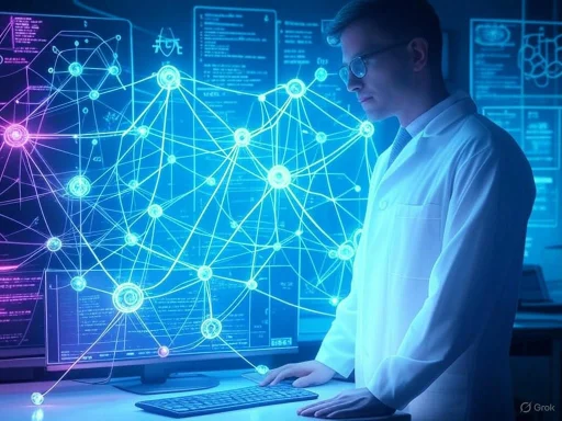 A scientist analyzes complex data networks on a digital futuristic display. A scientist analyzes complex data networks on a digital futuristic display.