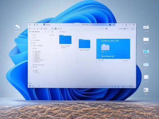 A computer screen displays a file explorer window on a desktop with a blue background and several icons on the right side.