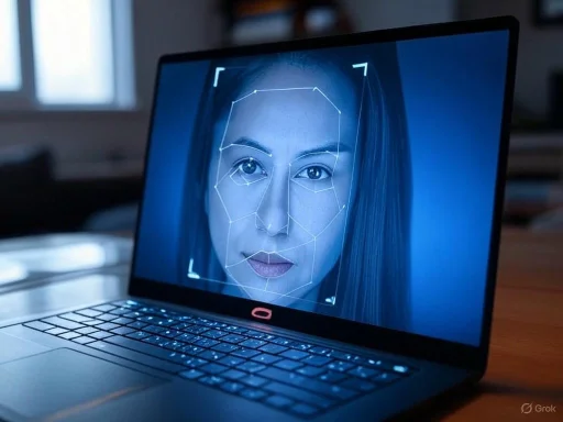 A laptop screen displays a facial recognition scan of a woman's face with a digital overlay in a dimly lit room.