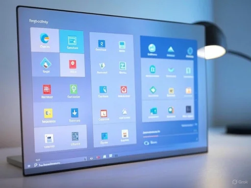 A tablet displays a grid of app icons on a blue background, with a lamp illuminating the right side.