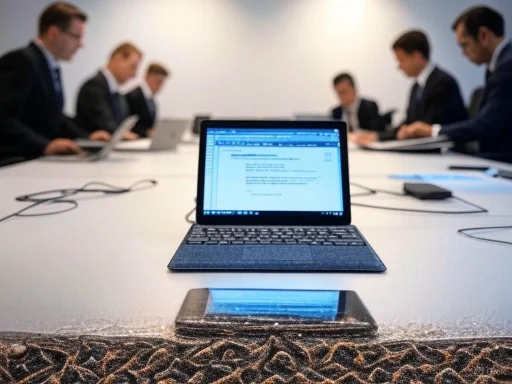 A business meeting with six men in suits around a table, focusing on a tablet and laptop in the foreground. A business meeting with six men in suits around a table, focusing on a tablet and laptop in the foreground.