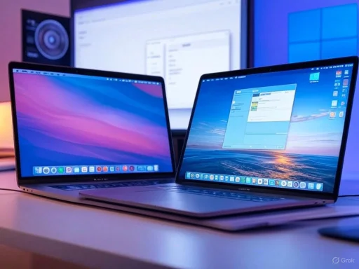 Two MacBook laptops on a desk with dual external monitors in the background.