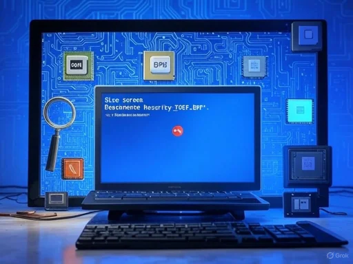 A computer setup with graphics cards and a screen displaying a blue error message in a high-tech environment.