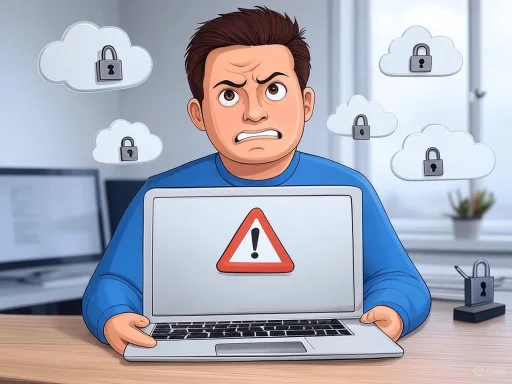 A worried person confronting a cloud of lock icons on a computer, indicating data security or privacy concerns.