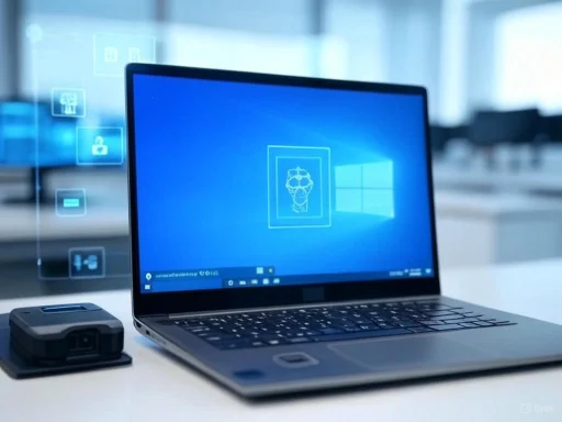 A laptop displaying a digital security interface with a binary code and a lock icon, with a portable device beside it. A laptop displaying a digital security interface with a binary code and a lock icon, with a portable device beside it.