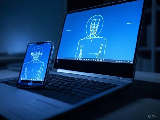 A laptop and smartphone displaying a digital human body scan with facial recognition framework on a blue screen. A laptop and smartphone displaying a digital human body scan with facial recognition framework on a blue screen.