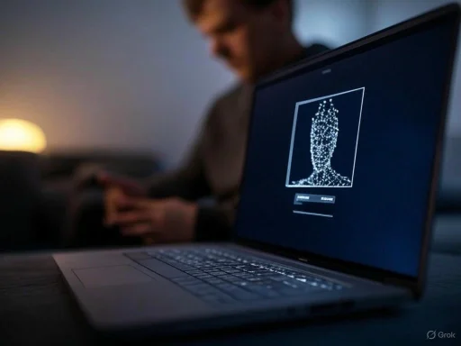 A person looking at a tablet while a laptop shows a digital face made of data points on the screen. A person looking at a tablet while a laptop shows a digital face made of data points on the screen.