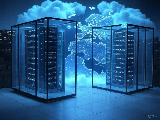 Two data centers with illuminated servers are digitally connected over a world map at night. Two data centers with illuminated servers are digitally connected over a world map at night.
