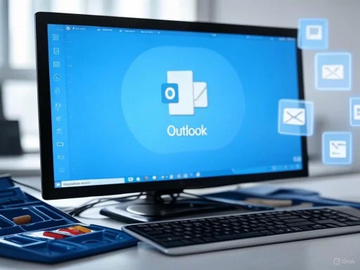 Computer screen displaying Outlook email application with floating email icons around it.