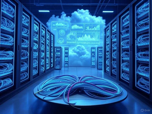A futuristic data center with glowing blue server racks and digital graphs floating in a cloud-filled sky.