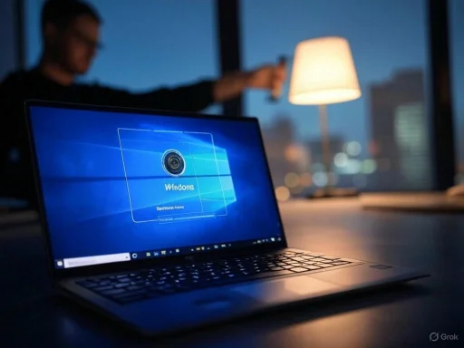A laptop displaying the Windows login screen in a dimly lit office at night, with a person in the background holding a drink. A laptop displaying the Windows login screen in a dimly lit office at night, with a person in the background holding a drink.