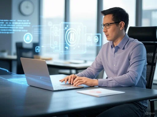 A man working on a laptop in a modern office with holographic digital interface displays around him.