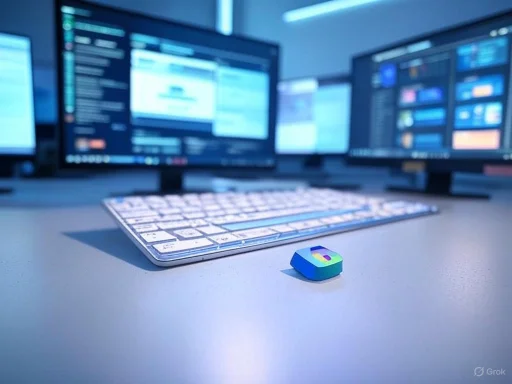 A color-coded computer mouse in front of a backlit keyboard and multiple monitors on a desk.