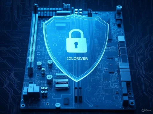 A digital shield with a lock icon and the word 'COLDLRVER' overlays a circuit board, symbolizing cybersecurity protection.