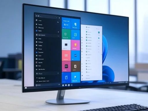 A modern computer monitor displaying the Windows 11 start menu and desktop, placed on a white desk.