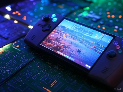 A handheld gaming console resting on a circuit board, displaying a vibrant cityscape during dusk.