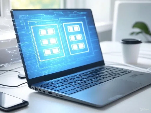 A laptop displays futuristic blue digital schematics of electronic components or circuit plans on its screen.
