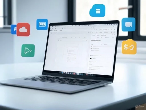 A laptop displaying a document with various digital app icons floating around it, indicating cloud or online tools.