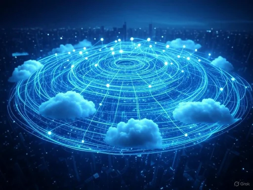 Futuristic digital cloud network with glowing lines and nodes over a cityscape background. Futuristic digital cloud network with glowing lines and nodes over a cityscape background.