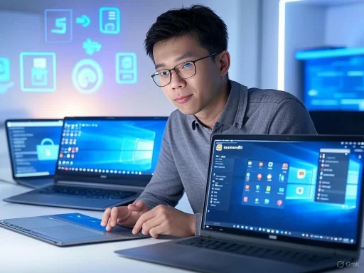 A man with glasses working on a graphics tablet surrounded by multiple laptops displaying Windows interfaces.