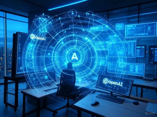 A futuristic control room with holographic displays centered on AI, featuring multiple monitors and a high-tech interface.
