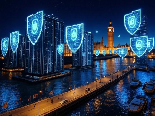 Night view of London’s Thames River with digital shield projections on buildings symbolizing cybersecurity.