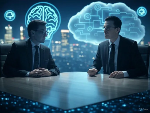 Two men in business suits engage in a serious discussion in a high-tech, futuristic setting with digital brain and cloud icons above.