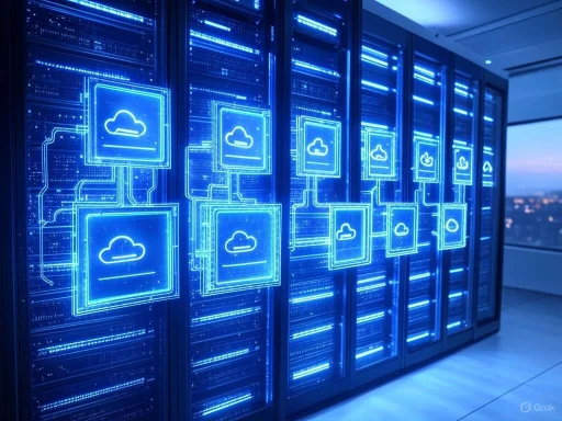 A data center with illuminated blue cloud icons and circuitry graphics on server racks.