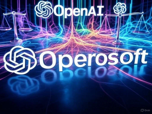 Bright digital artwork features logos of OpenAI and Microsoft with colorful neon lines and scales, symbolizing AI and data connections.