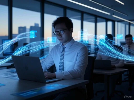 Businessman working on a laptop with digital data streams in a modern office at sunset.