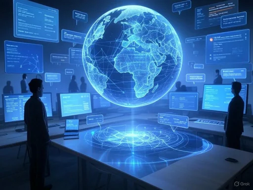 Individuals monitor a digital globe and data interfaces in a high-tech control room or data center.