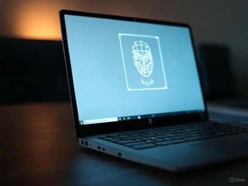A laptop displays a digital fingerprint scan on its screen in a dimly lit environment. A laptop displays a digital fingerprint scan on its screen in a dimly lit environment.