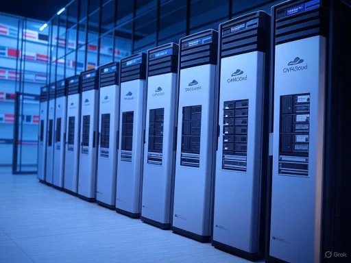Row of cloud computing data servers in a high-tech facility. Row of cloud computing data servers in a high-tech facility.