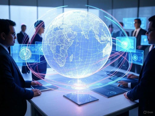 People gather around a table with a holographic globe and digital screens in a high-tech conference room.