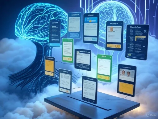Digital documents and charts projected over a floating brain, symbolizing artificial intelligence and data processing.