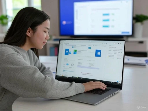 A woman working on a laptop in a bright office with a large screen displaying a presentation or document in the background.