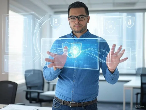 A man interacts with a transparent digital security interface in a modern office setting.