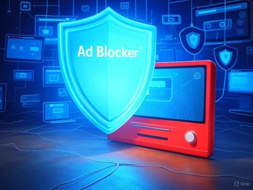A red device with a large screen displays a blue shield with 'Ad Blocker' text, symbolizing cybersecurity protection.