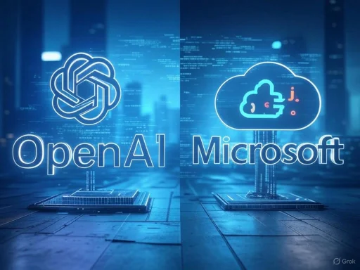 OpenAI and Microsoft logos with digital and cloud-themed backgrounds, indicating a tech collaboration or partnership. OpenAI and Microsoft logos with digital and cloud-themed backgrounds, indicating a tech collaboration or partnership.