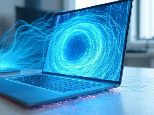 A laptop with digital swirling blue light trails emanating from the screen, evoking a futuristic or data-driven theme.