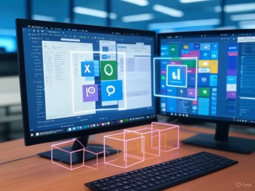 Dual monitors display data and application icons, with holographic cubes overlayed on a wooden desk.