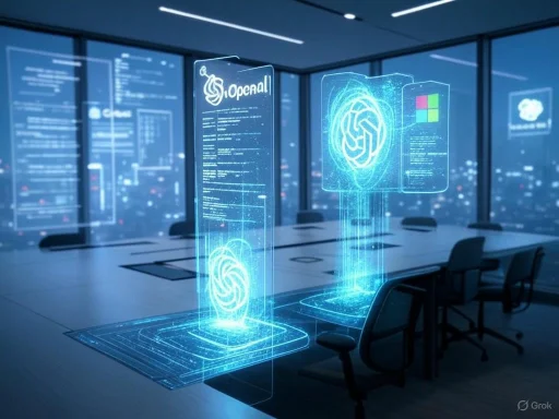 A futuristic digital workspace with holographic displays of data, logos, and biometric icons over a conference room. A futuristic digital workspace with holographic displays of data, logos, and biometric icons over a conference room.