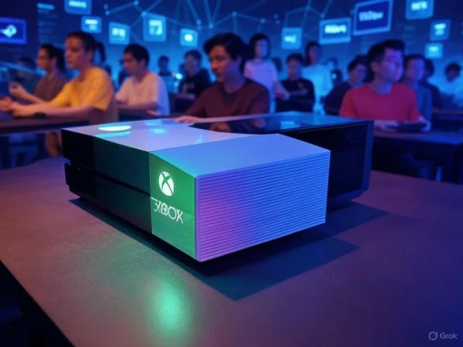 A close-up of an Xbox gaming console with a group of people in a dimly lit, high-tech conference or gaming event.